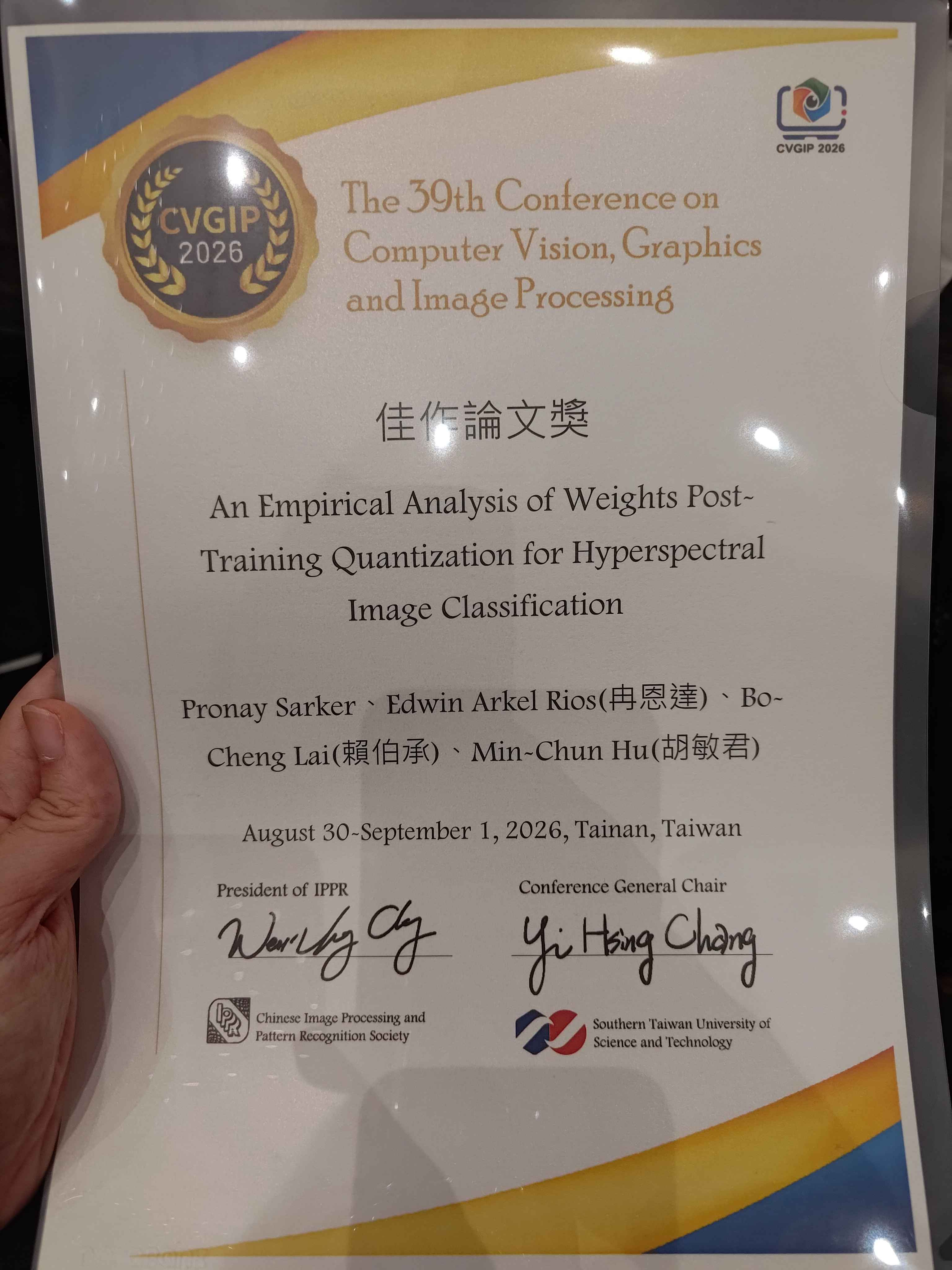 CVGIP 2026 Best Paper Award certificate — An Empirical Analysis of Weights Post-Training Quantization for Hyperspectral Image Classification